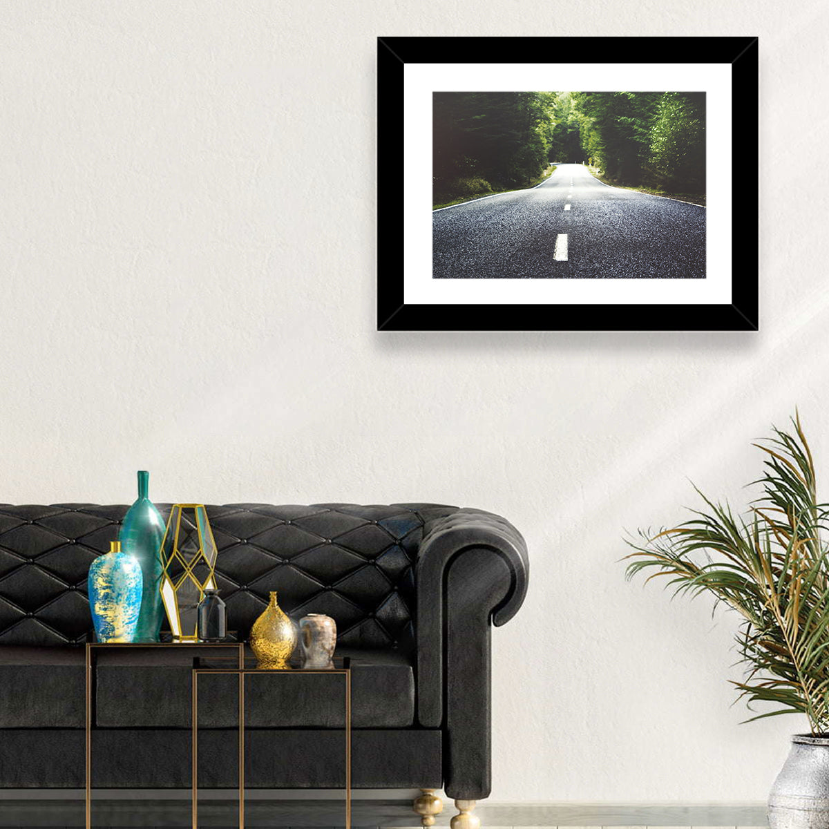 Summer Forest Road with Yellow Sign Wall Art in a room, landscape