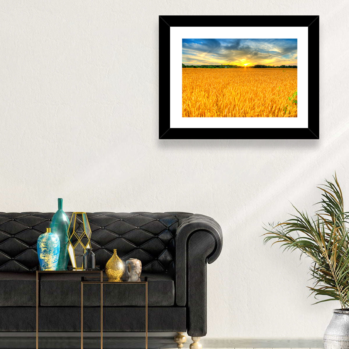 Wheat Field Sunset Wall Art in a room, landscape