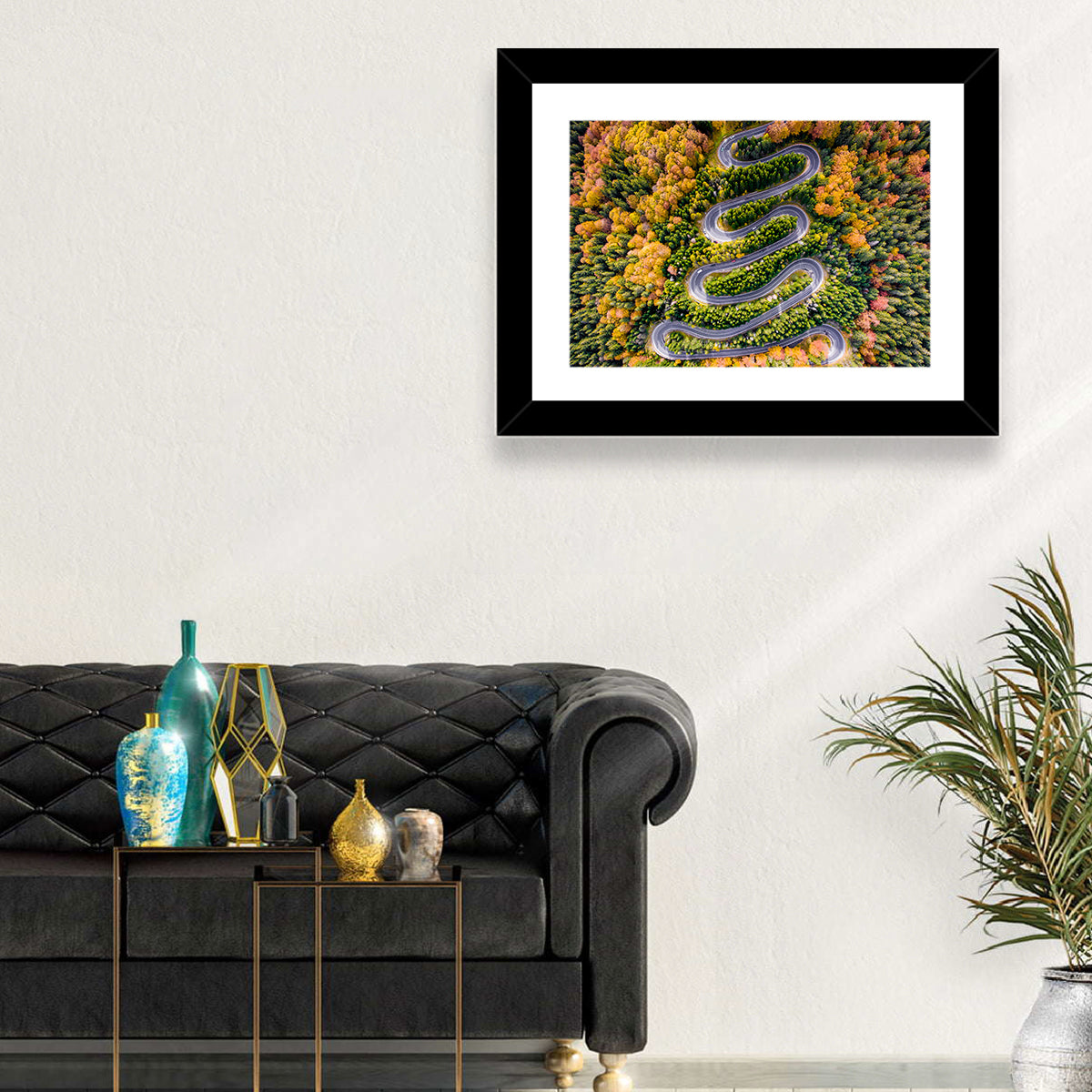 Autumn Winding Forest Road Wall Art in a room, landscape