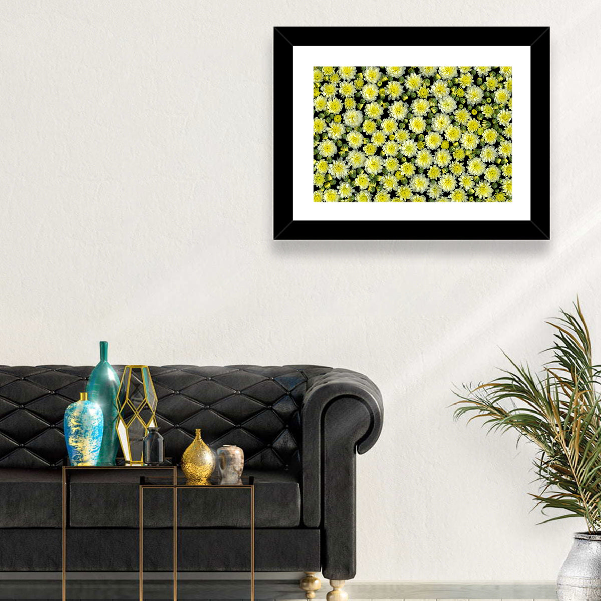 Yellow Chrysanthemum Bloom Pattern Wall Art in a room, landscape