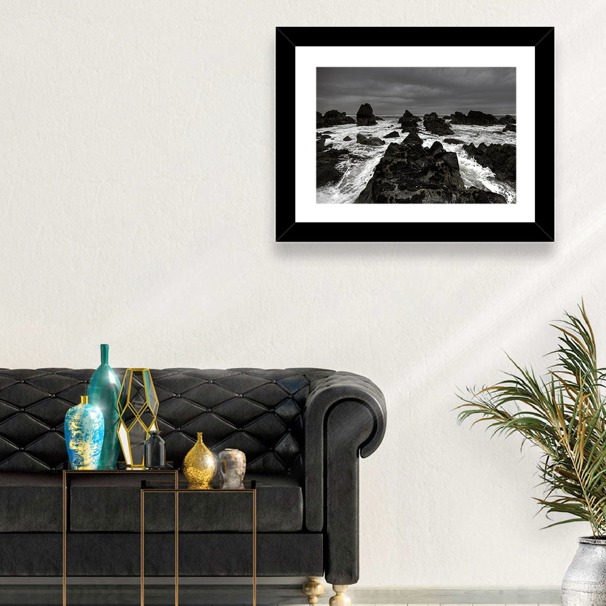 Moody Black and White Rocky Coast Waves Wall Art in a room, landscape