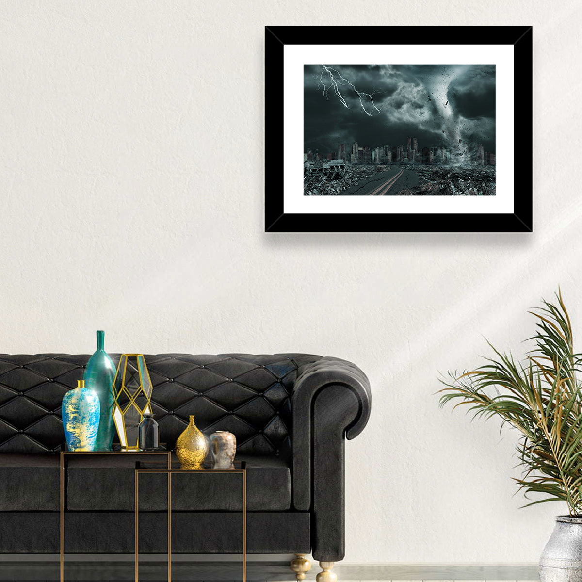 Tornado Over Destroyed City Skyline Wall Art in a room, landscape