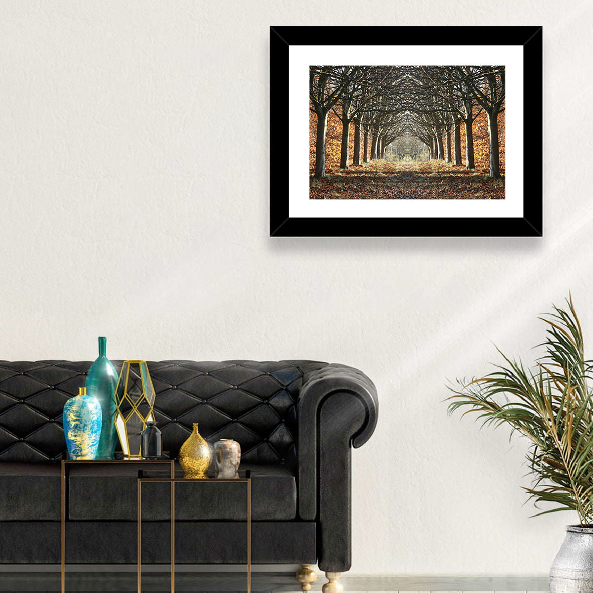 Danish Autumn Tree-lined Path Wall Art in a room, landscape
