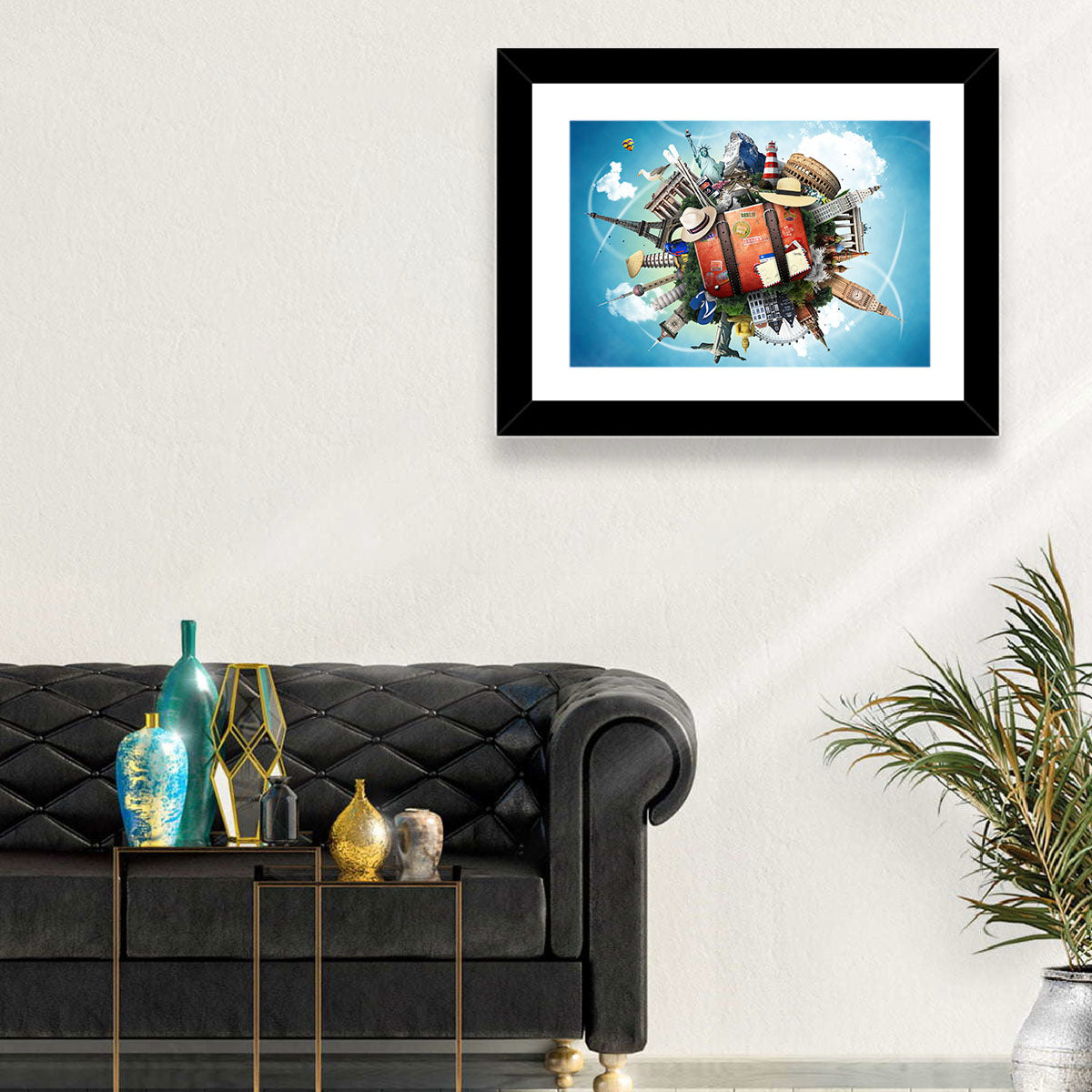 Suitcase and World Landmarks Montage Wall Art in a room, landscape