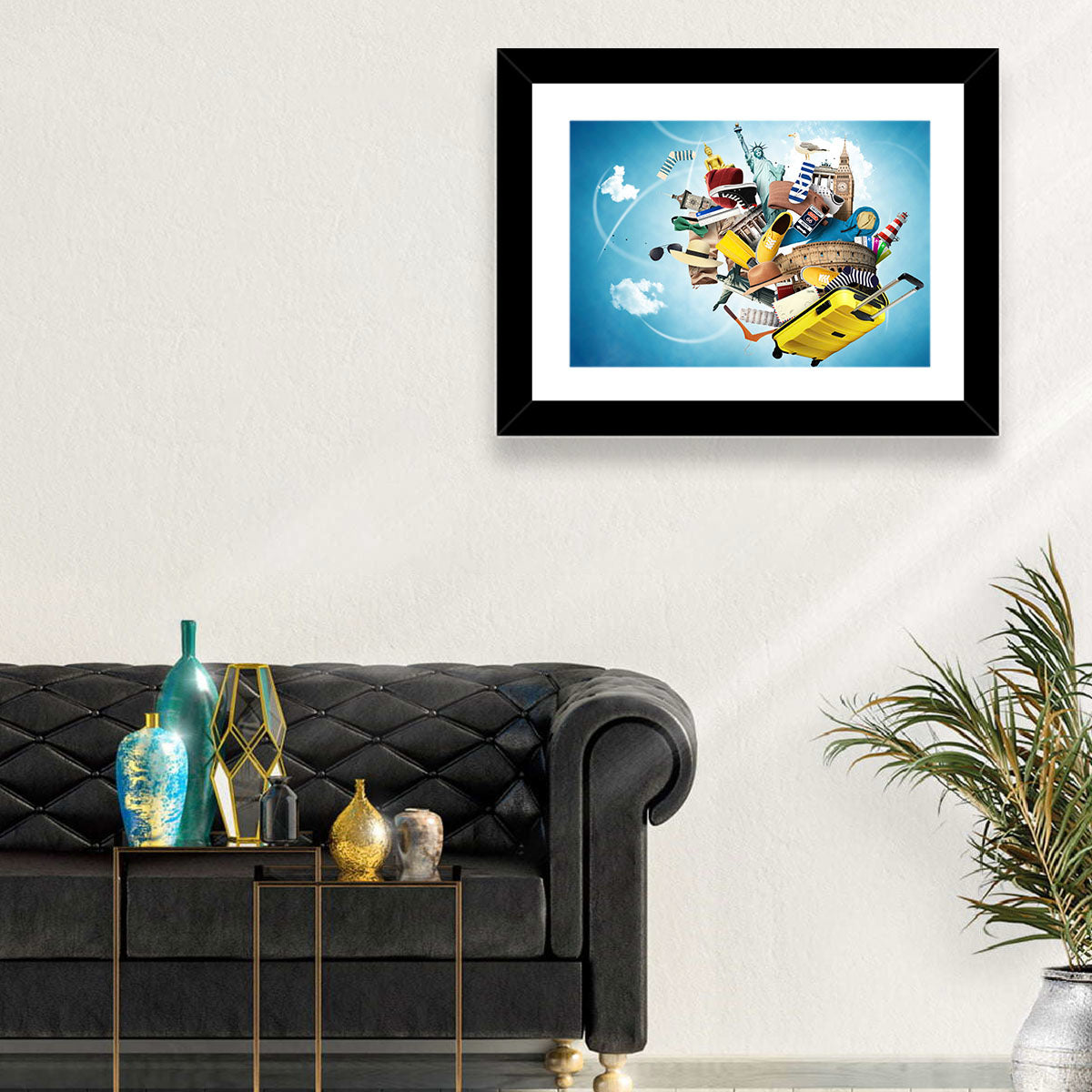 Floating Landmarks with Yellow Suitcase Wall Art in a room, landscape