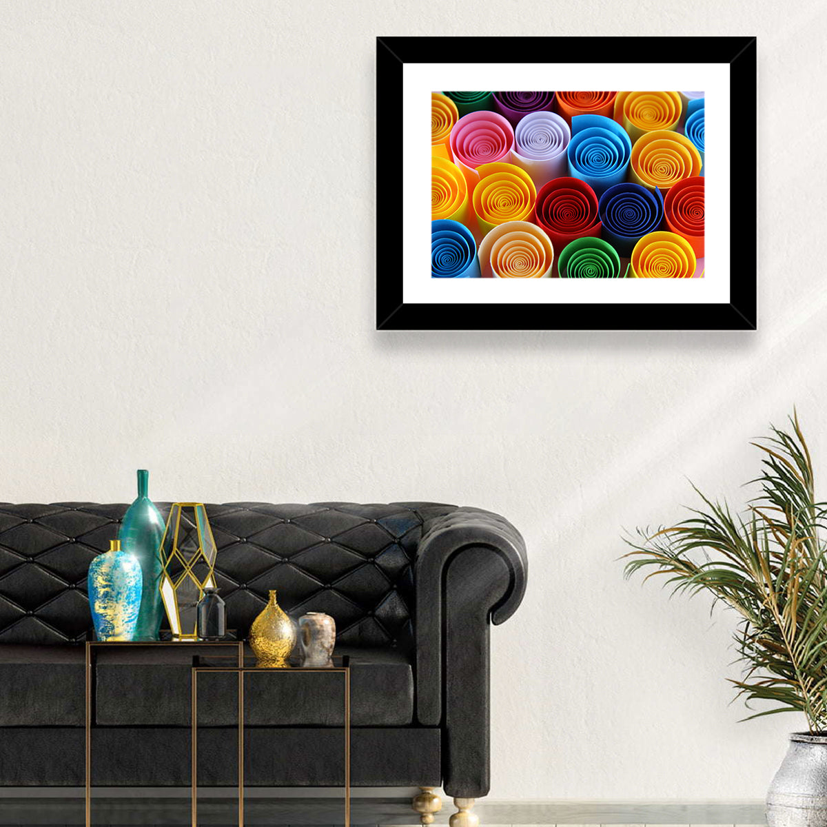 Quilled Color Spirals Wall Art in a room, landscape