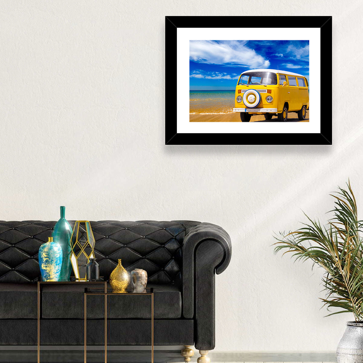 Yellow Vintage Van on Beach Wall Art