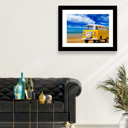 Yellow Vintage Van on Beach Wall Art