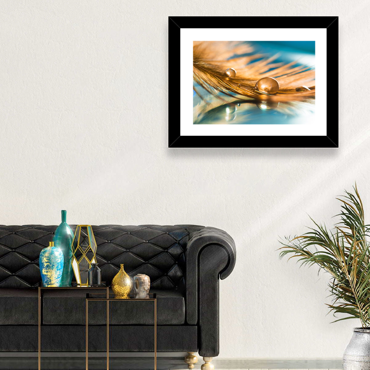 Golden Feather with Droplets Wall Art