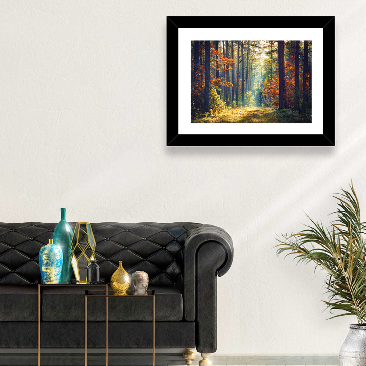 Sunlit Autumn Pine Forest Wall Art in a room, landscape