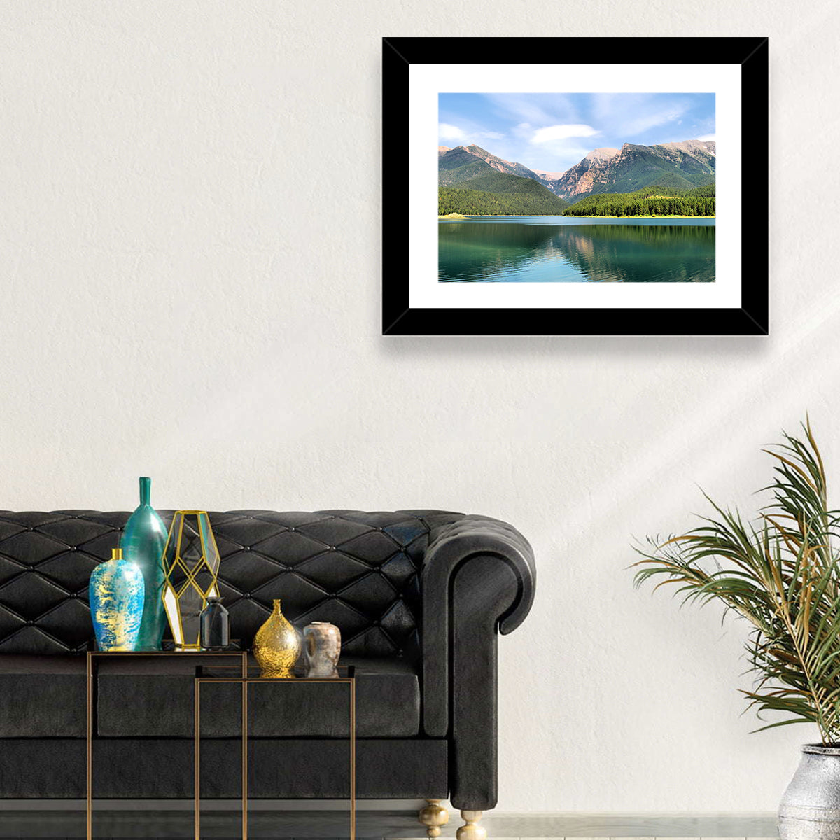Mission Mountain Lake Reflection Wall Art in a room, landscape