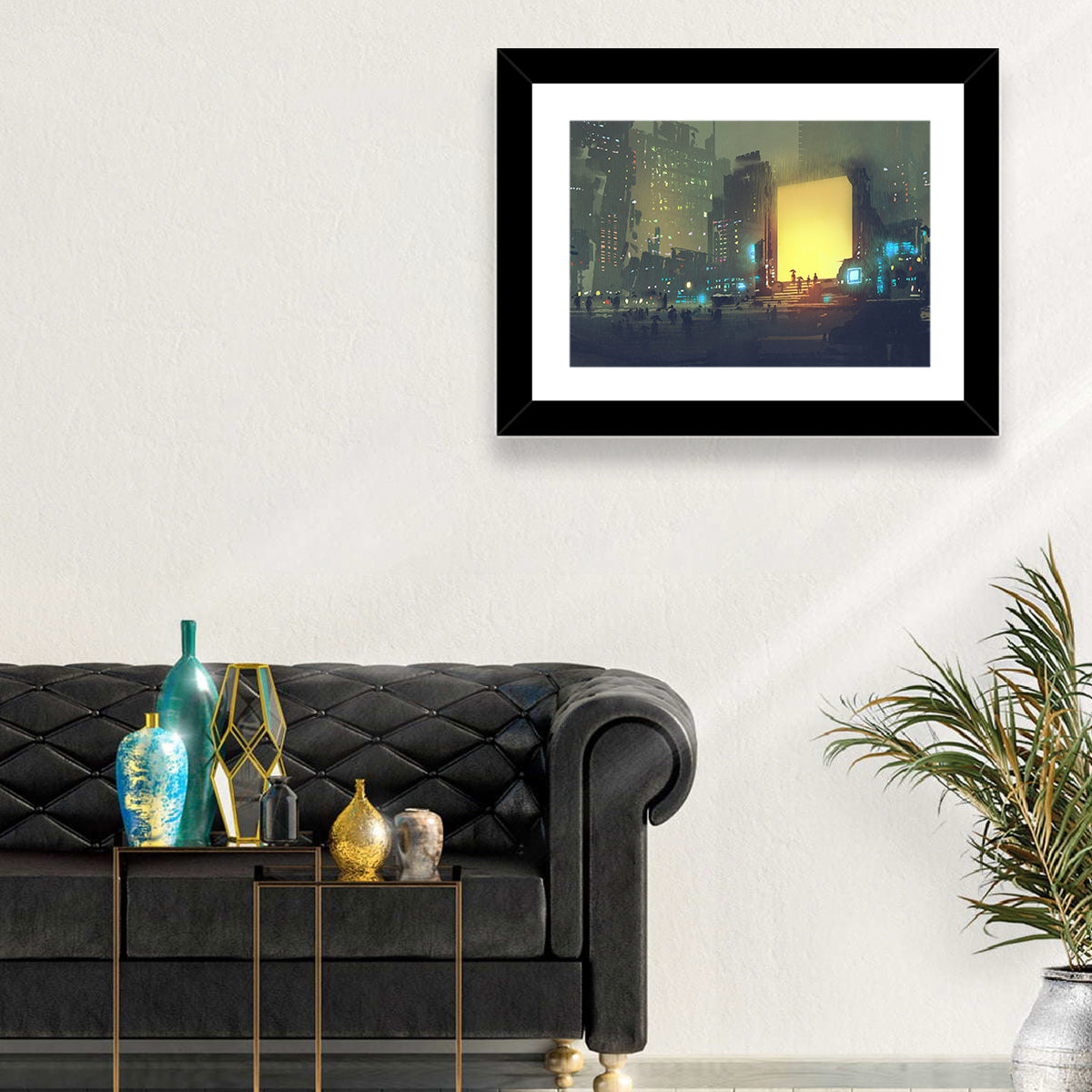 Rainy Night City with Glowing Portal Wall Art