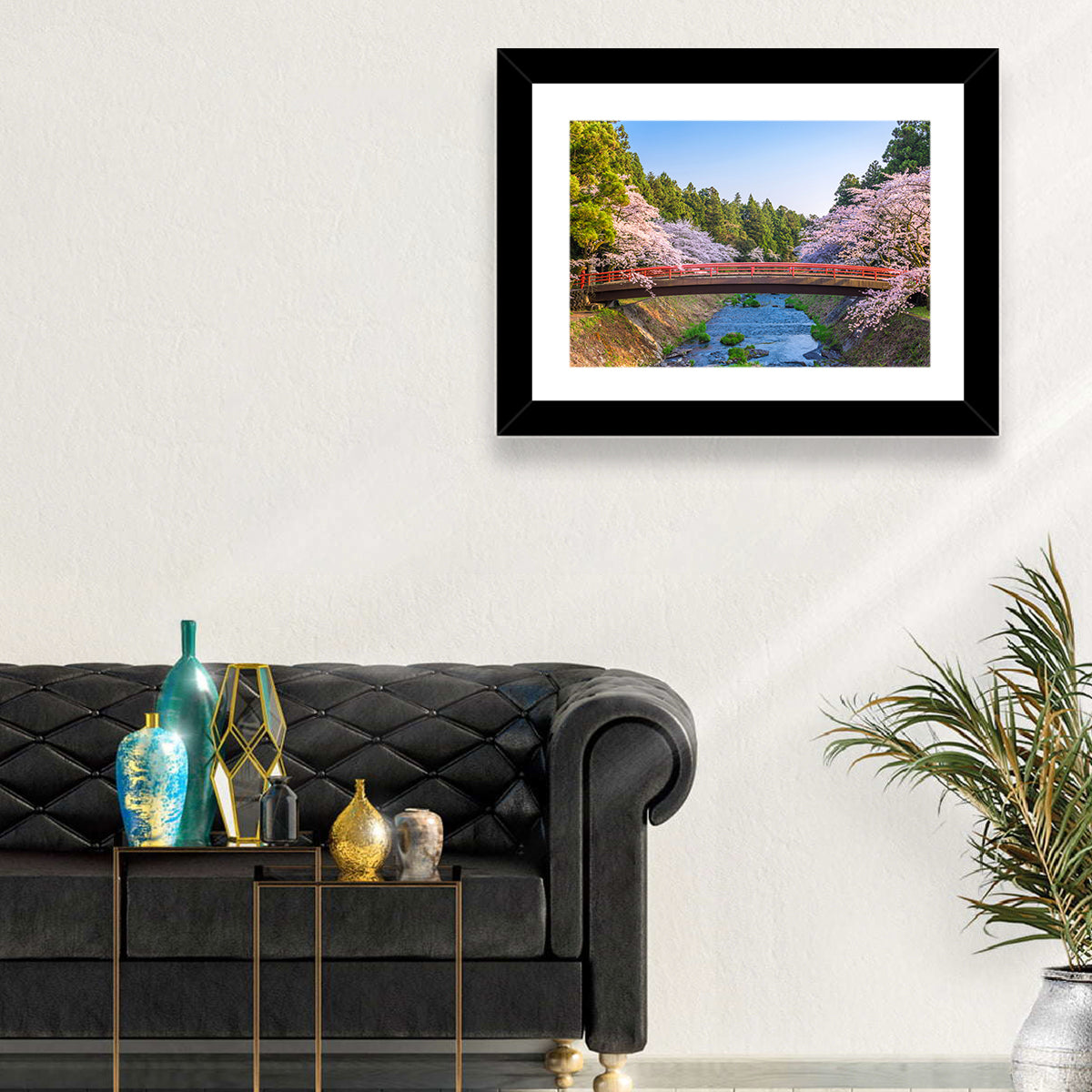 Arched Red Bridge with Cherry Blossoms Wall Art in a room, landscape