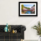 Arched Red Bridge with Cherry Blossoms Wall Art