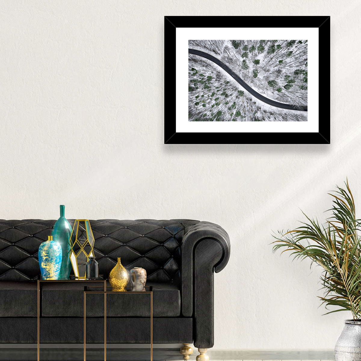 Snowy Forest Road Wall Art in a room, landscape