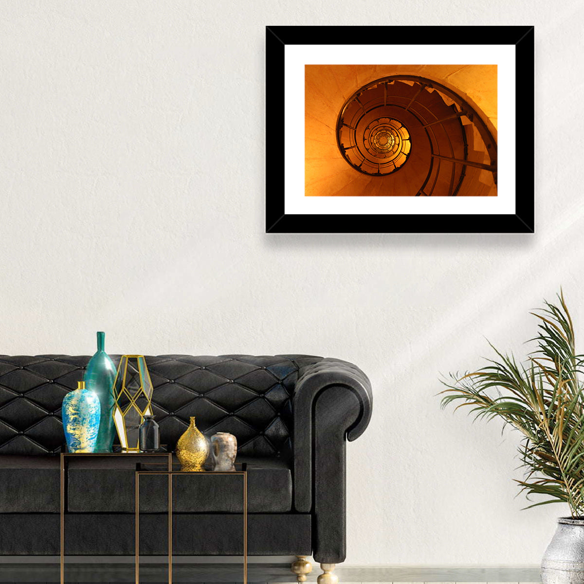 Vortex Spiral Staircase Wall Art in a room, landscape