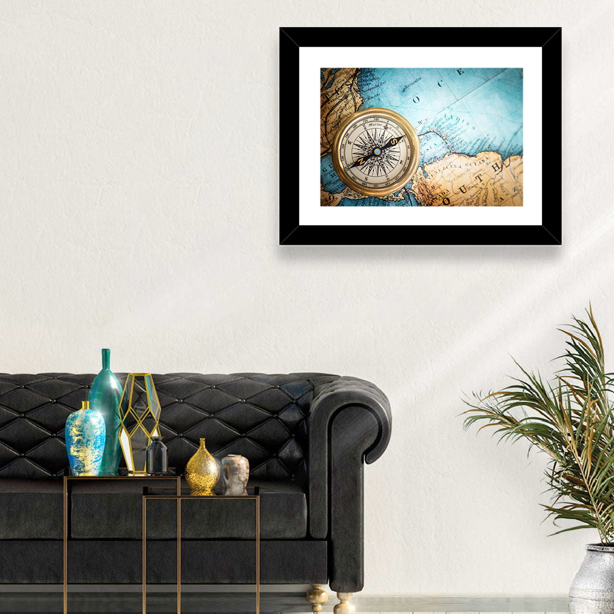 Vintage Compass Over Atlantic Map Wall Art