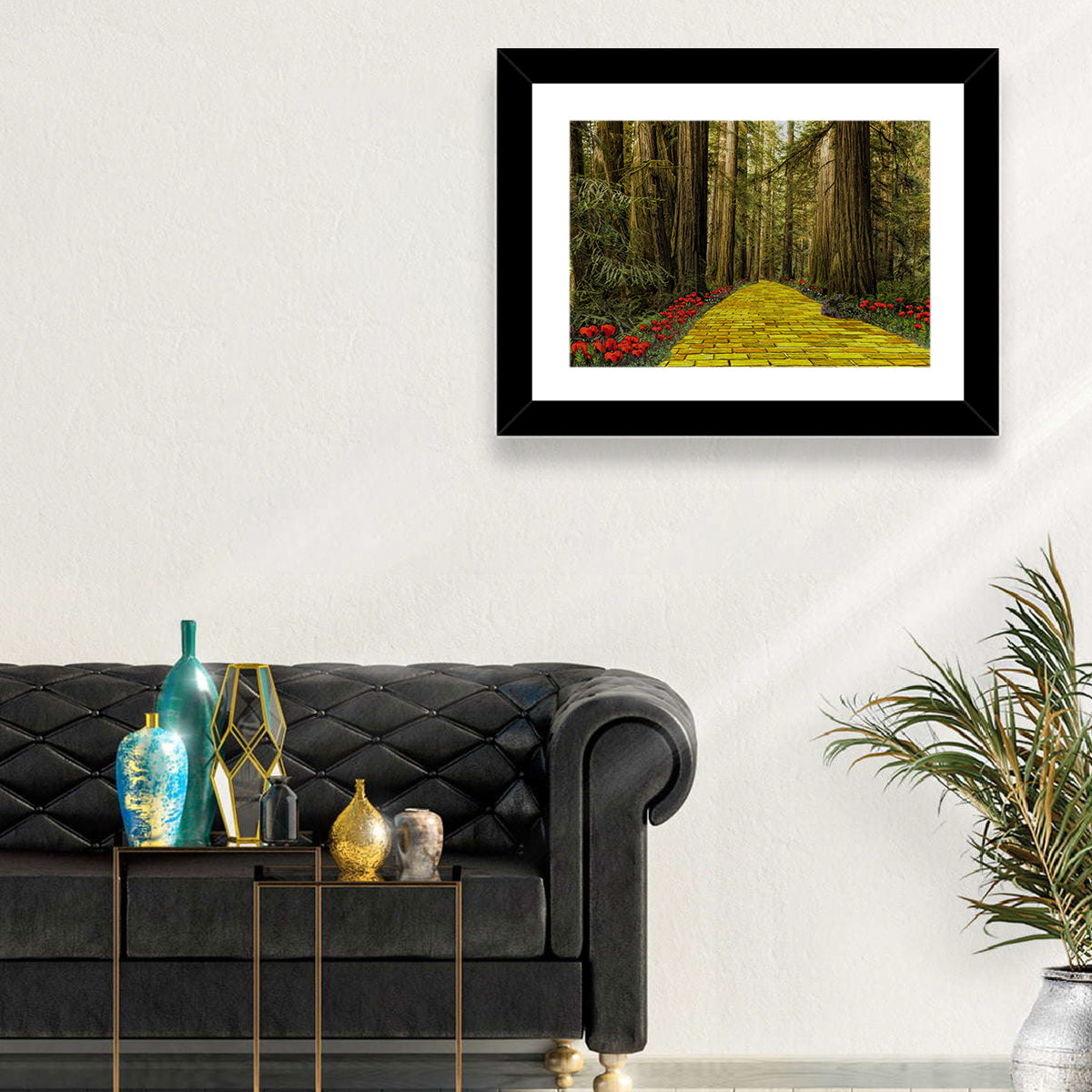 Yellow Brick Path Through Redwoods Wall Art in a room, landscape