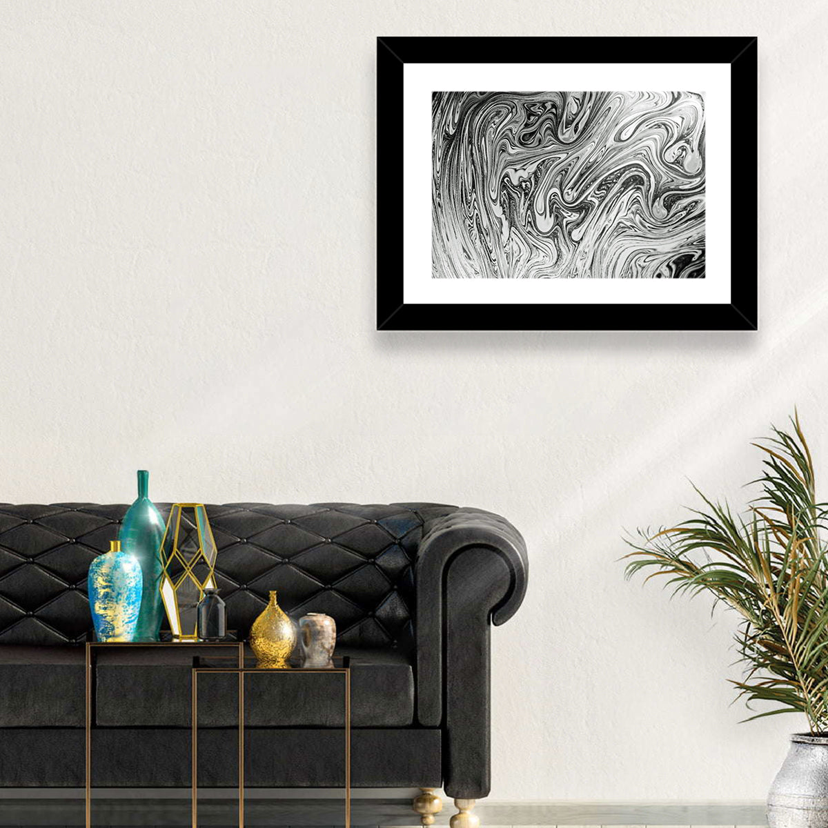 Ink Swirl Monochrome Abstract Wall Art in a room, landscape