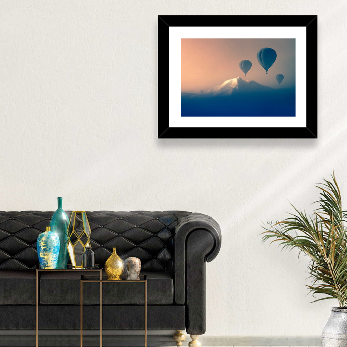 Three Hot Air Balloons Over Misty Peak Wall Art in a room, landscape