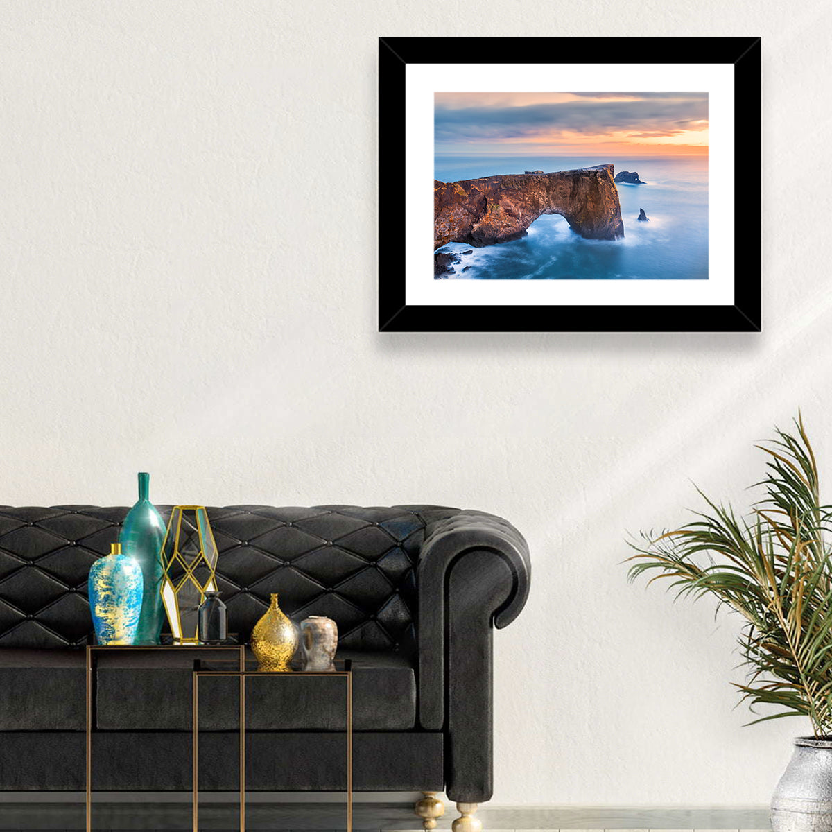 Dyrhólaey Sea Arch at Sunset Wall Art in a room, landscape