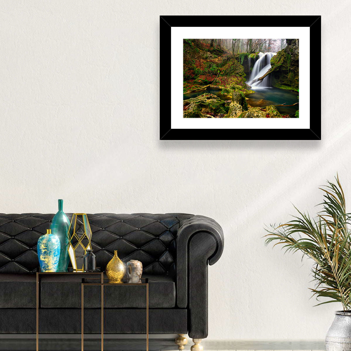 Cheile Nerei Mossy Waterfall Wall Art in a room, landscape