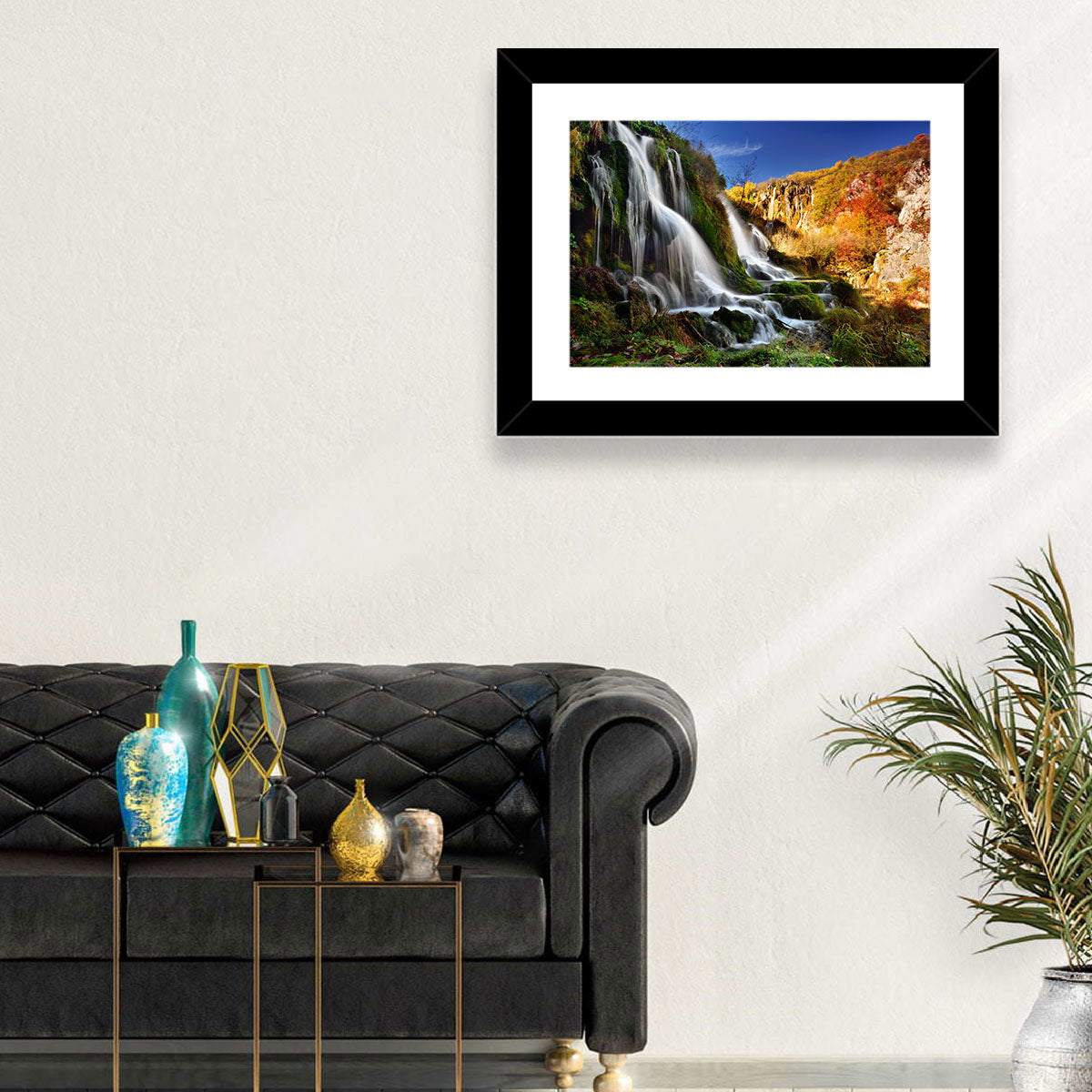Plitvice Lakes Waterfall Wall Art in a room, landscape