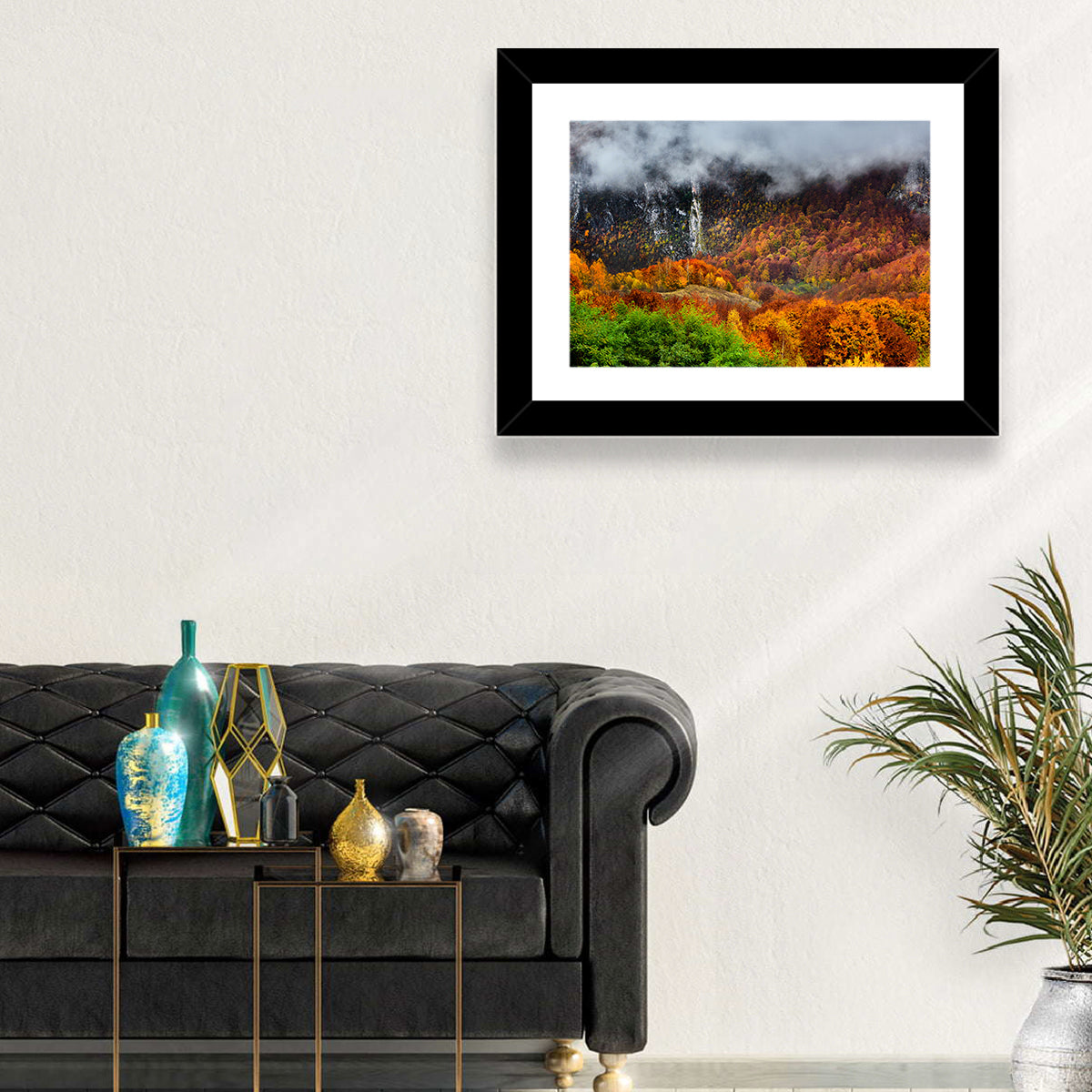 Misty Carpathian Autumn Wall Art in a room, landscape