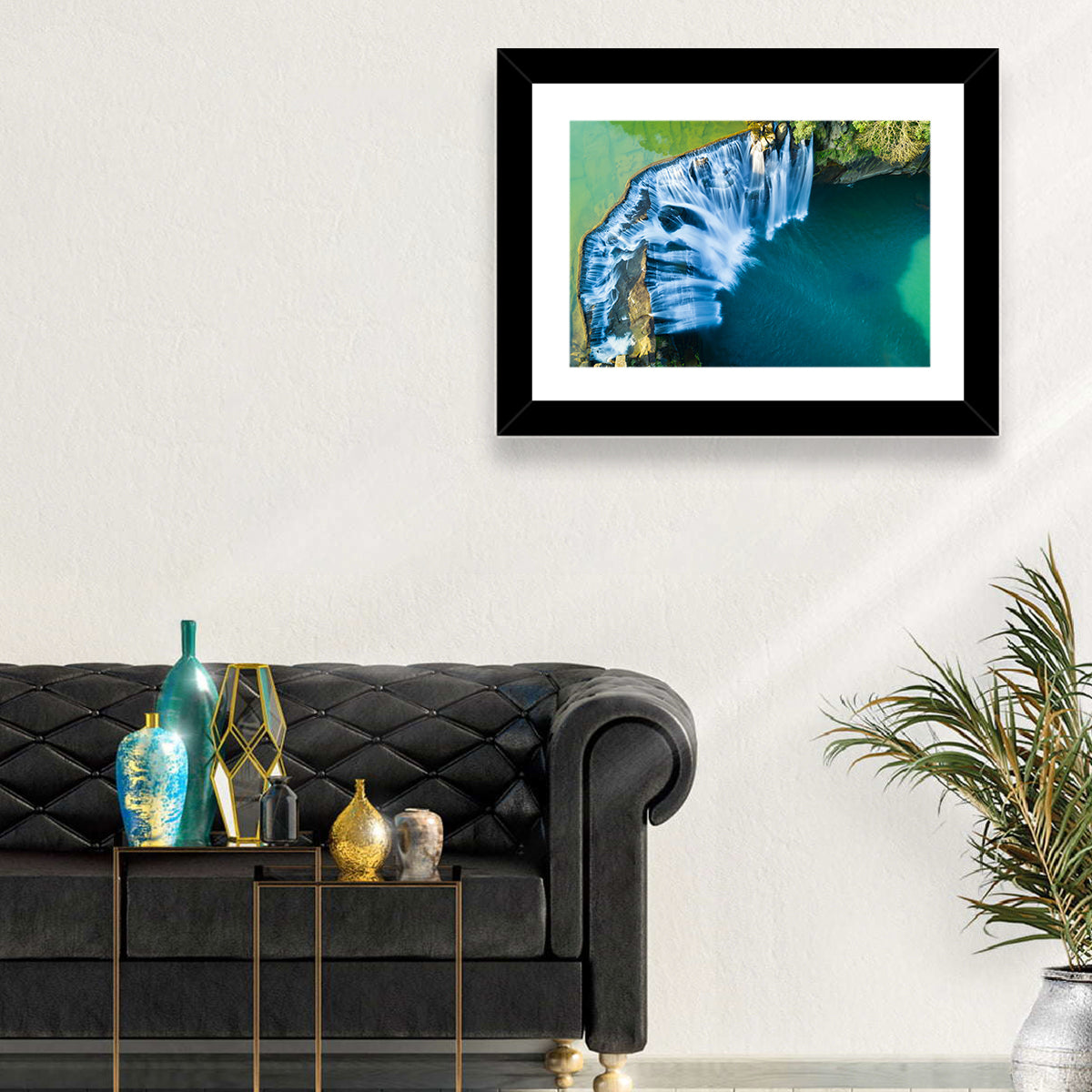 Shifen Waterfall Aerial Wall Art in a room, landscape