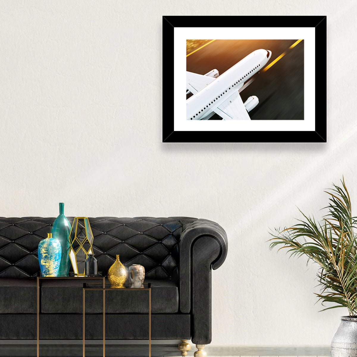 Commercial Jet Takeoff at Sunset Wall Art in a room, landscape