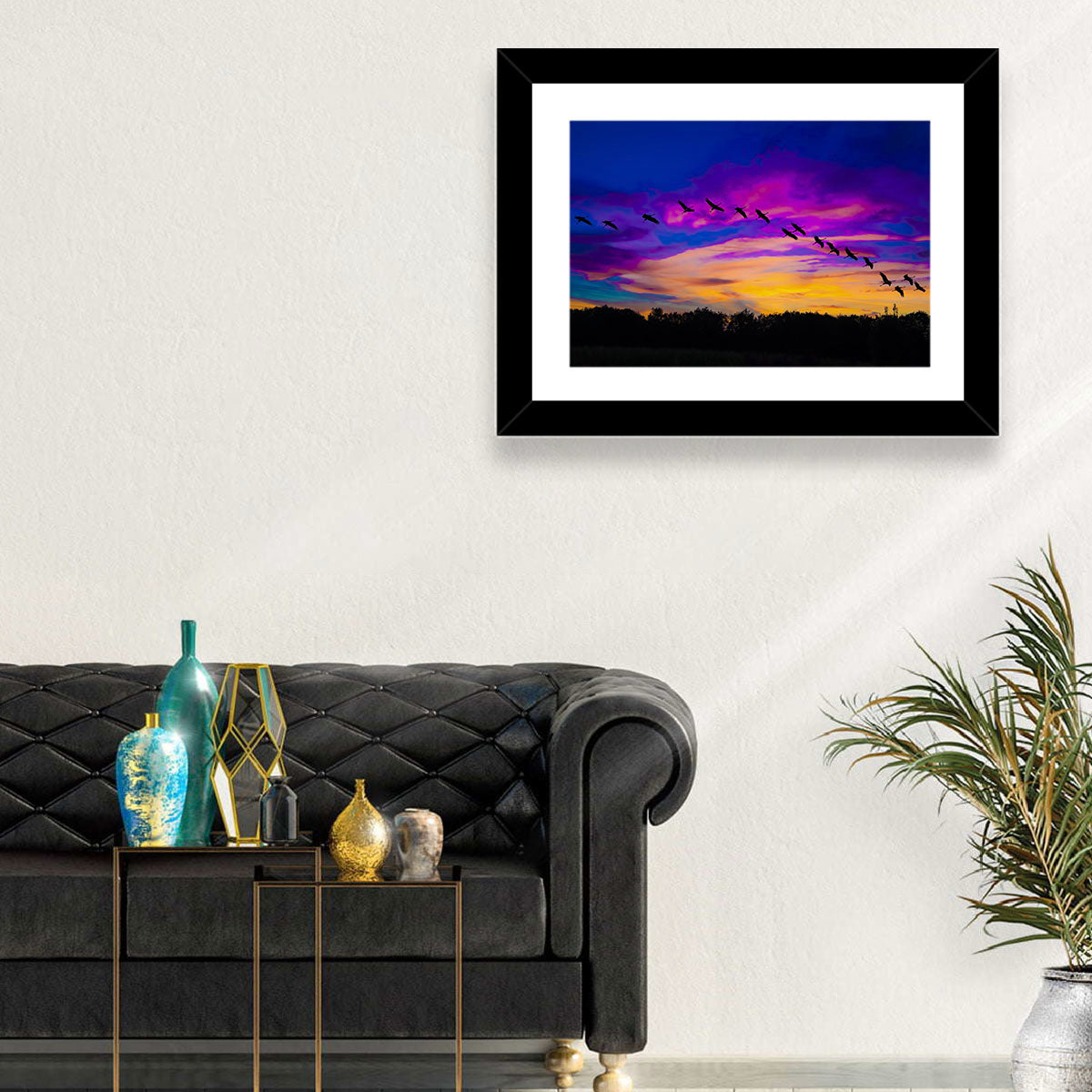 Silhouetted Cranes at Dusk Wall Art