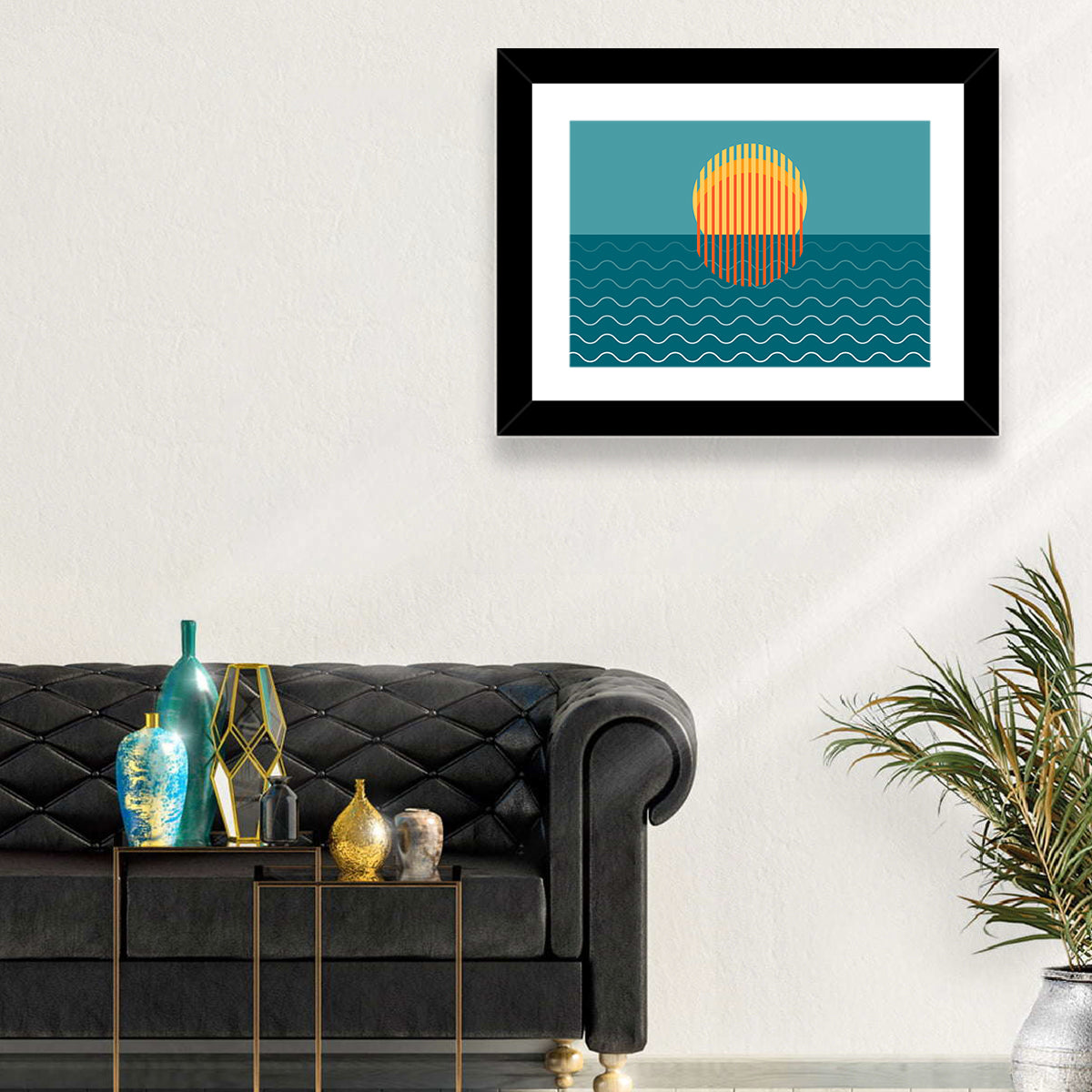 Teal Ocean Sunset Illustration Wall Art in a room, landscape
