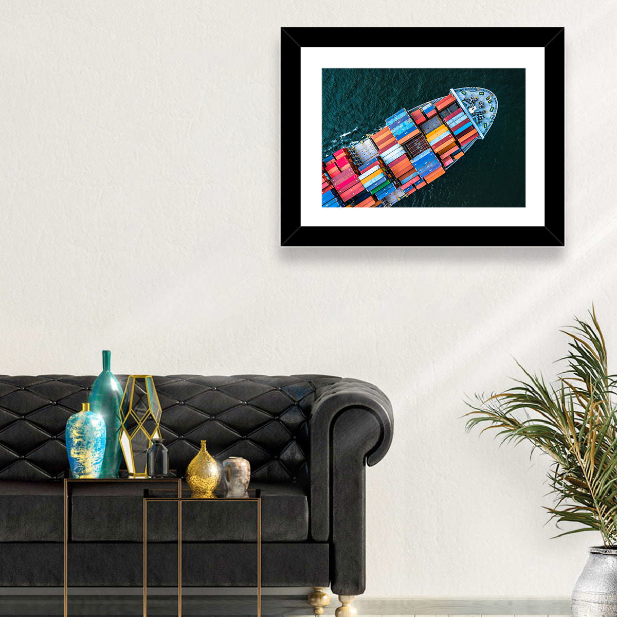 Container Ship Aerial View Wall Art in a room, landscape