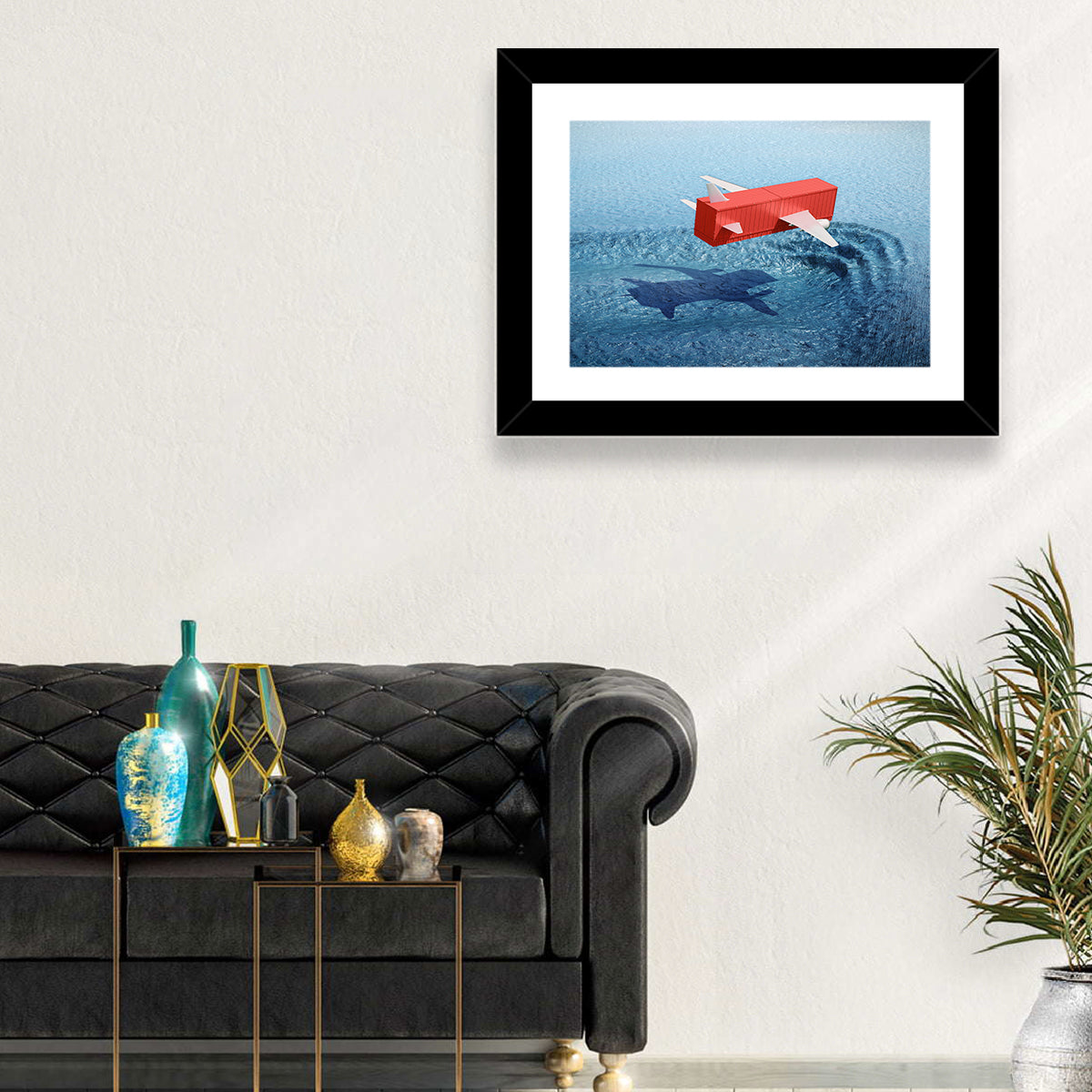 Flying Shipping Container Wall Art in a room, landscape