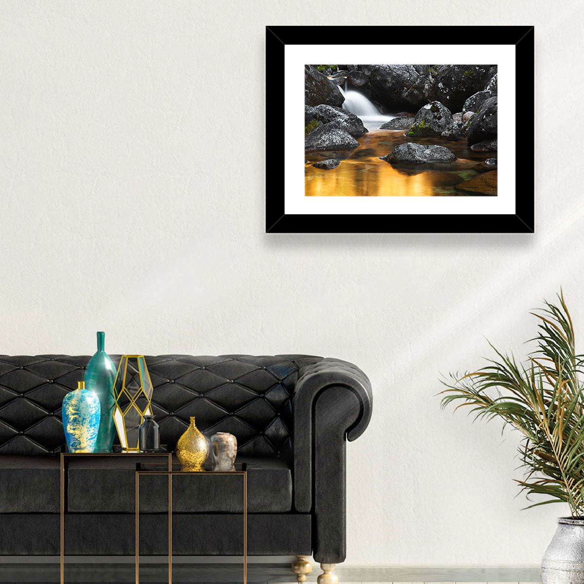 Golden Stream Waterfall Wall Art in a room, landscape