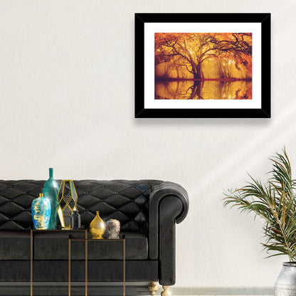 Golden Mist Forest Reflection Wall Art