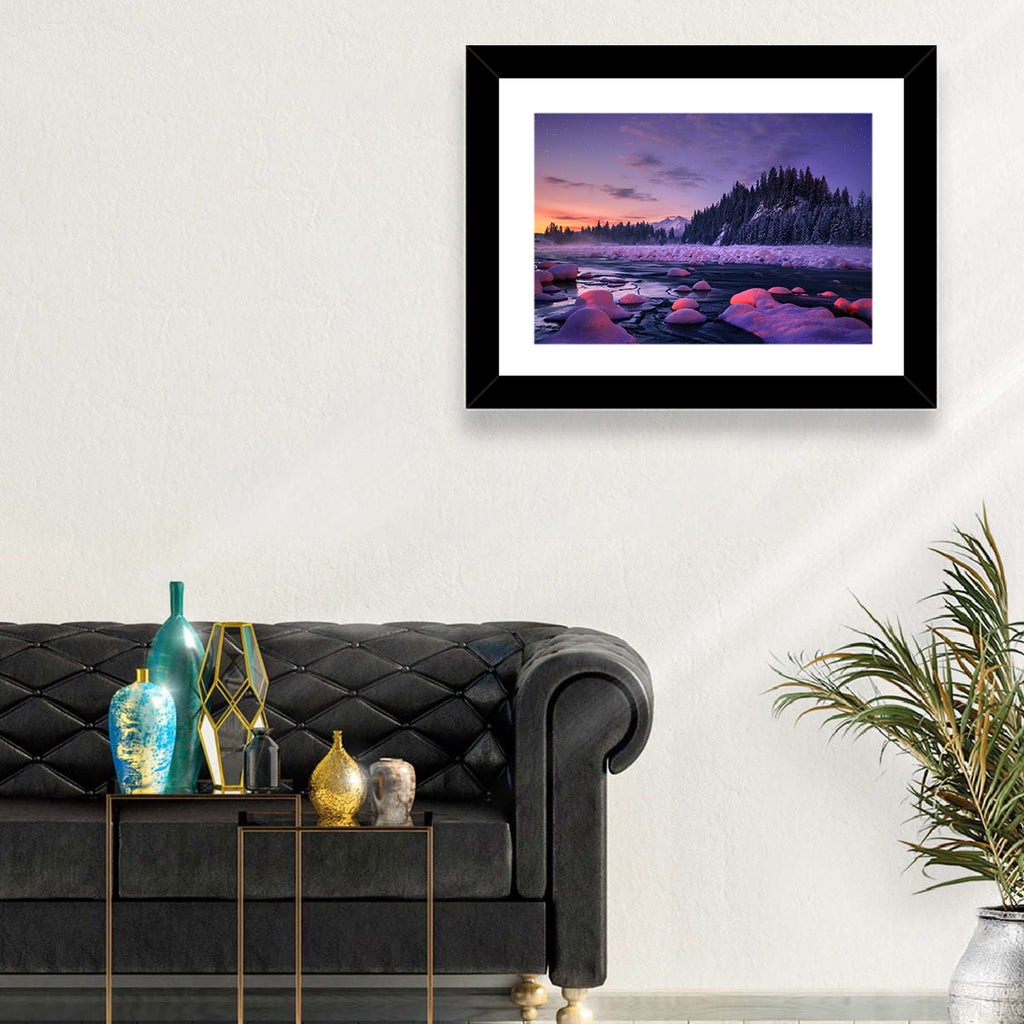 Twilight River and Snowy Pines Wall Art