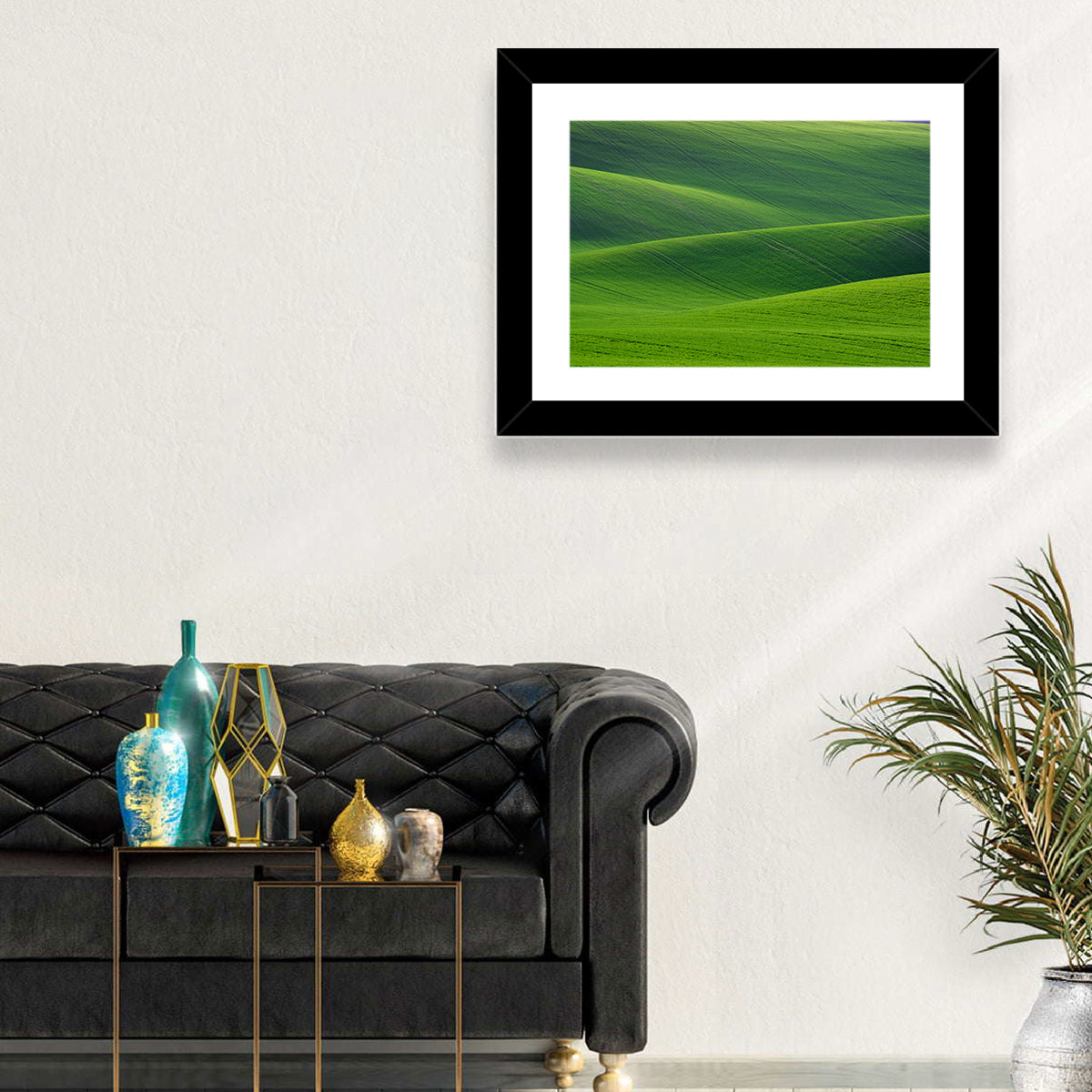 Rolling Emerald Wheat Fields Wall Art in a room, landscape