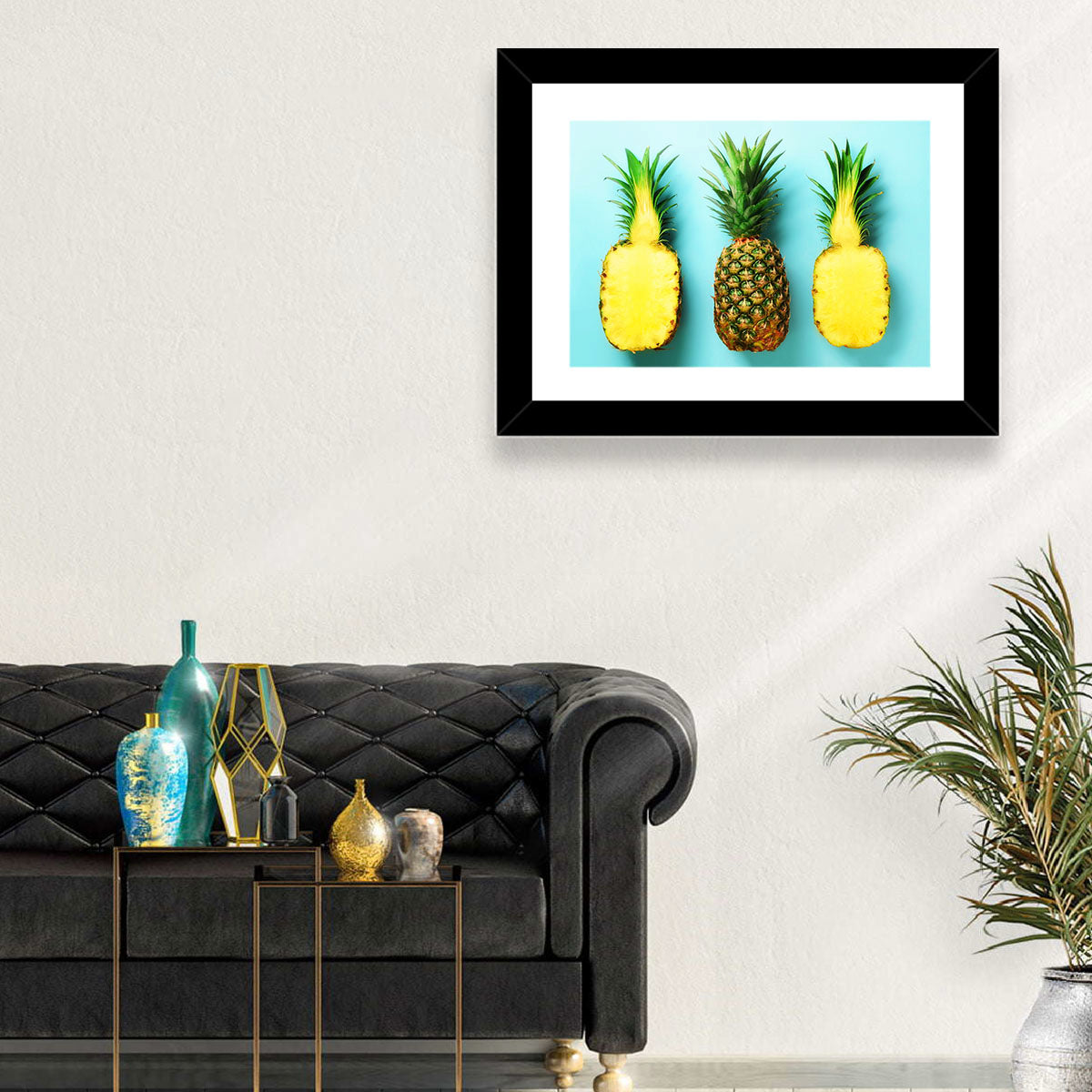 Three Pineapples Minimalist Design Wall Art in a room, landscape