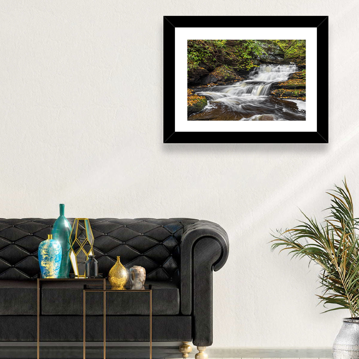 Cascading Autumn Waterfall Wall Art in a room, landscape