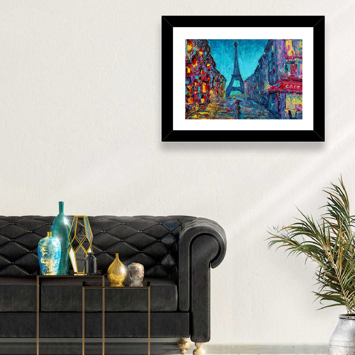 Rainy Paris Street with Eiffel Tower Wall Art in a room, landscape