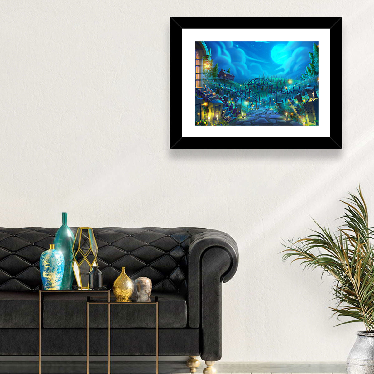 Halloween Cemetery Gate Illustration Wall Art in a room, landscape