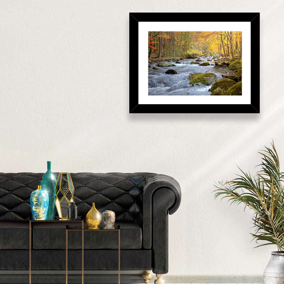 Autumn Mountain Stream Wall Art in a room, landscape