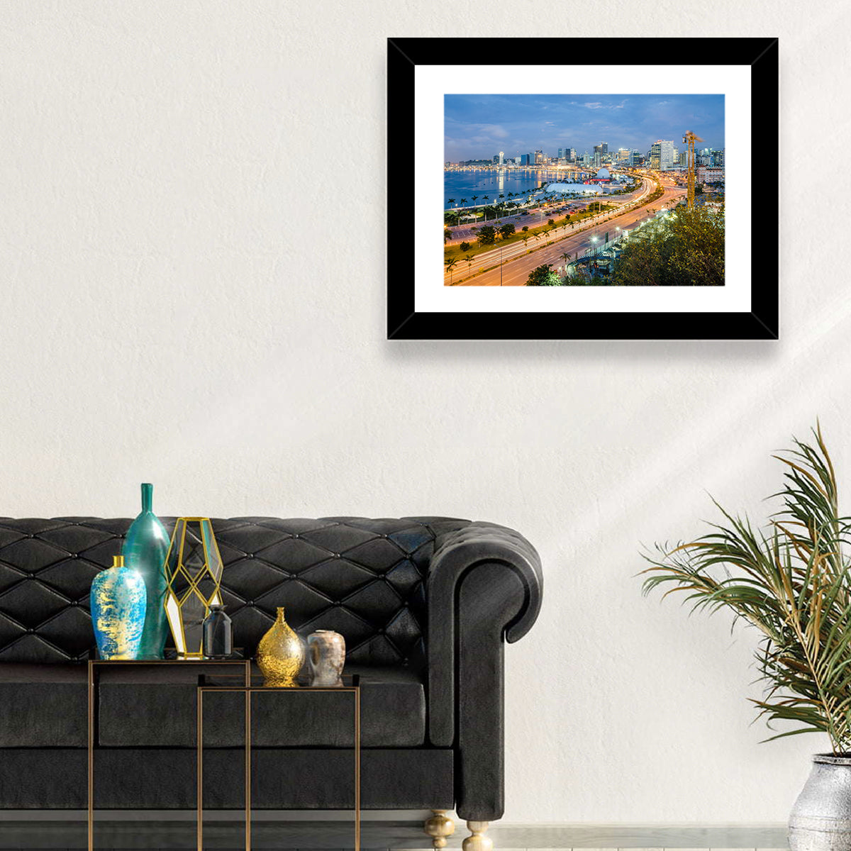 Luanda Bay Twilight Skyline Wall Art in a room, landscape