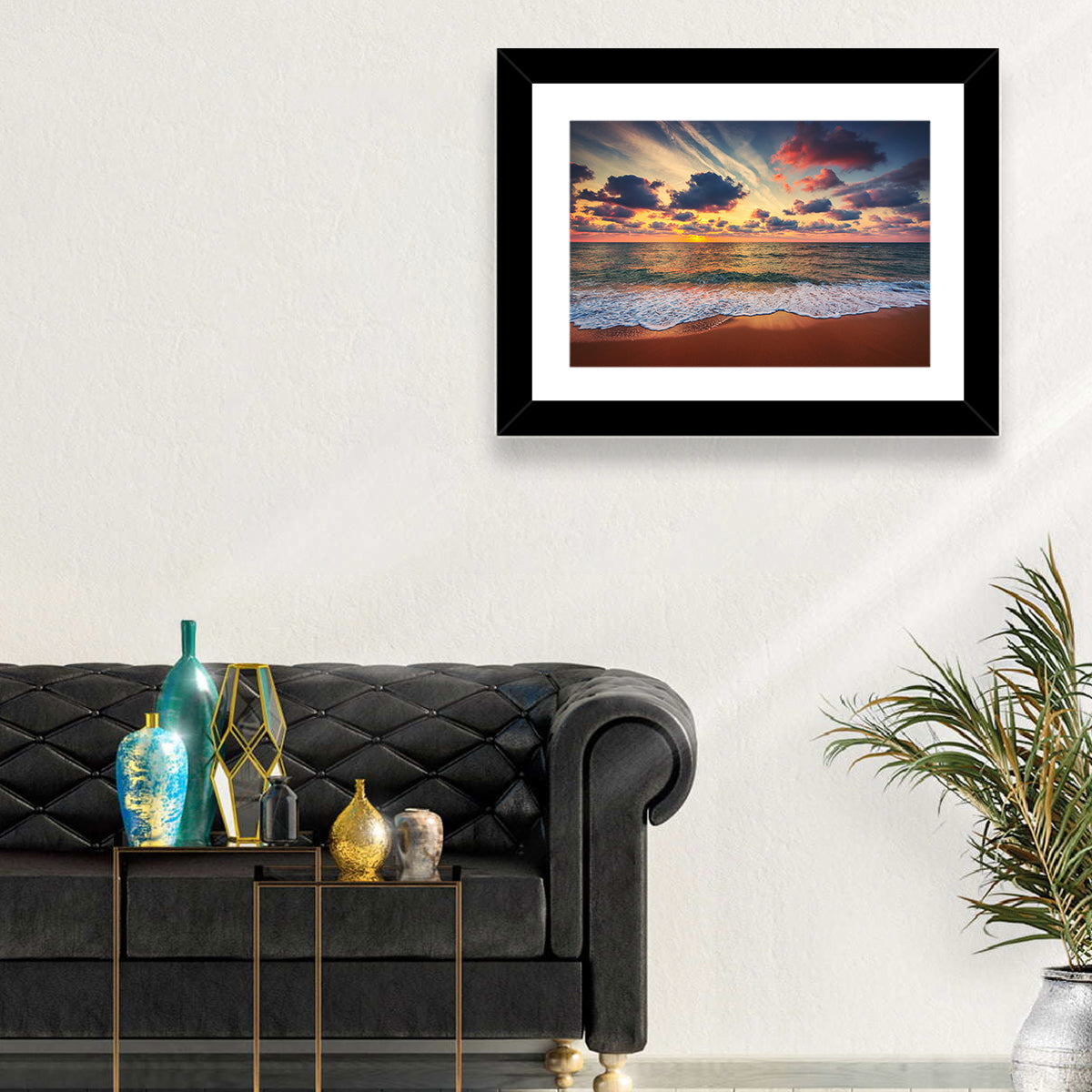 Golden Hour Beach Waves Under Cloudy Sky Wall Art