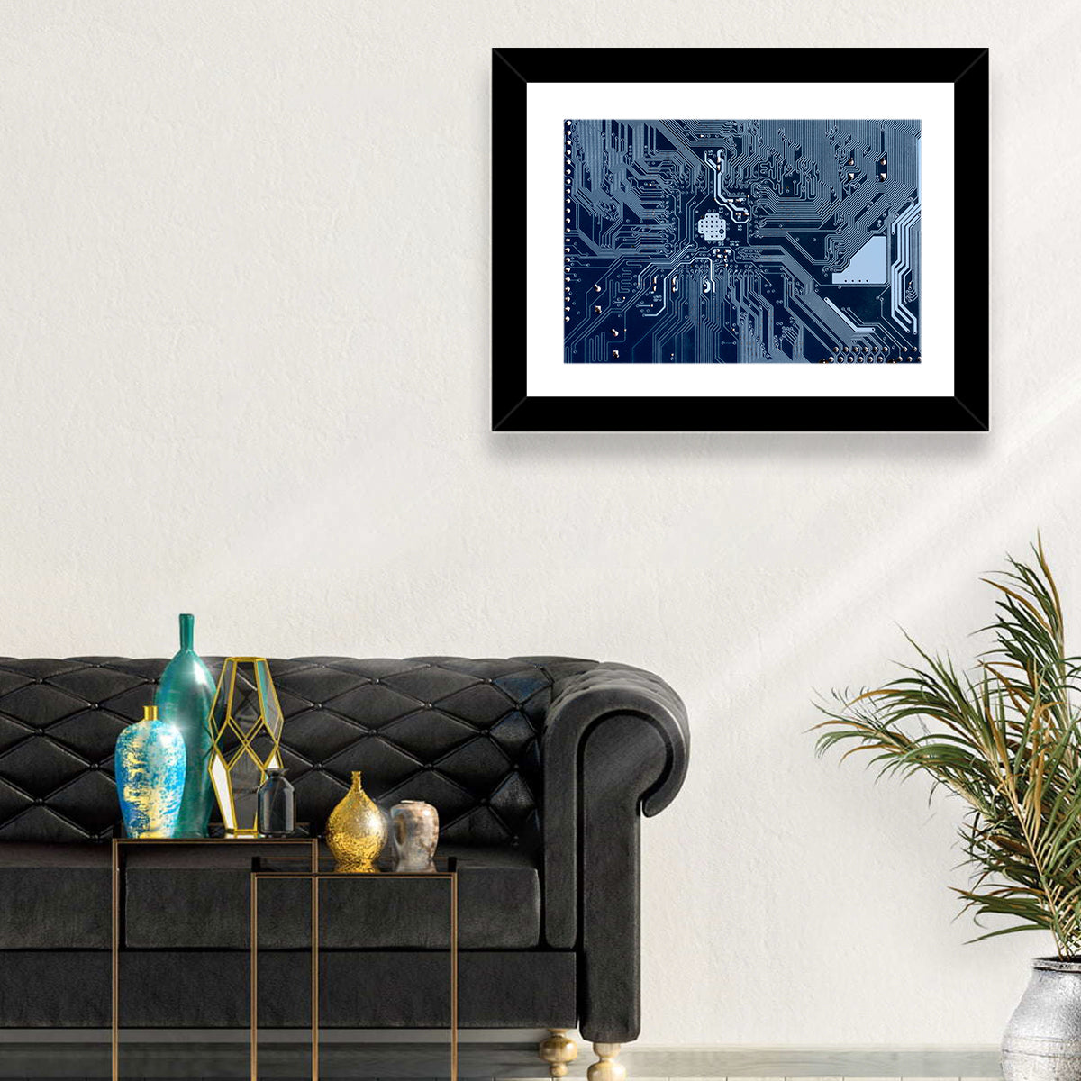 Blue Circuit Board Wall Art in a room, landscape
