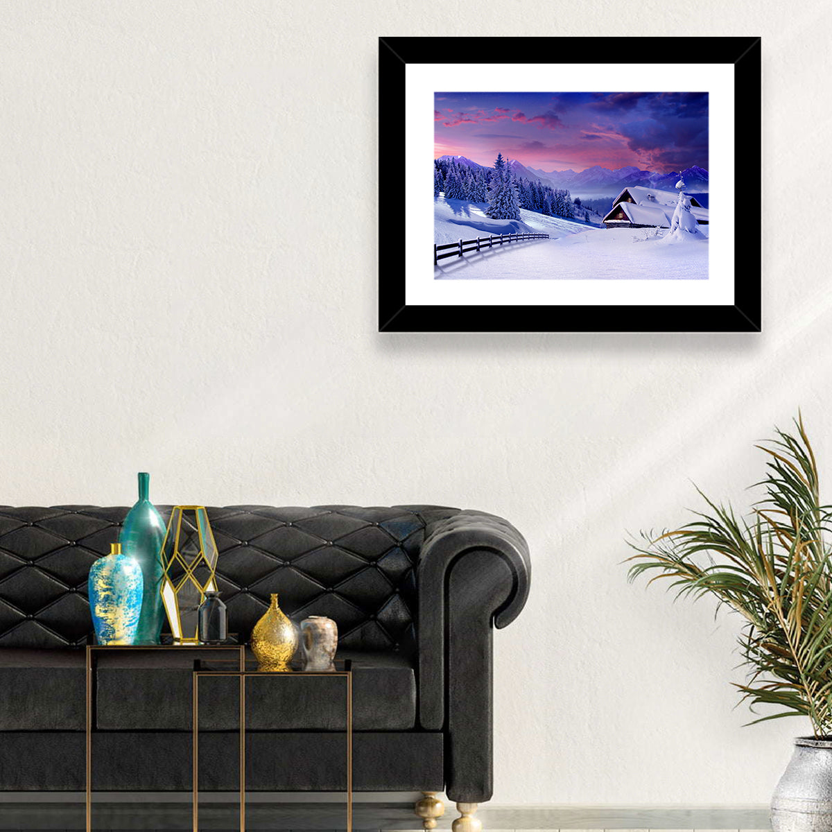 Snowy Mountain Cabin Wall Art in a room, landscape