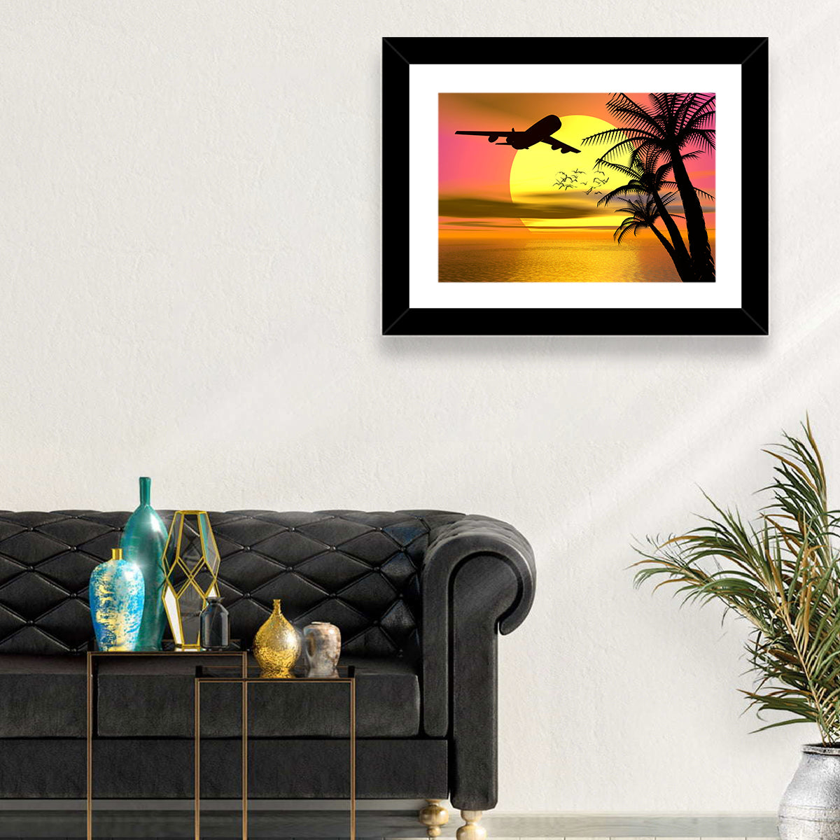 Wide-body Airplane Over Caribbean Dusk Wall Art in a room, landscape