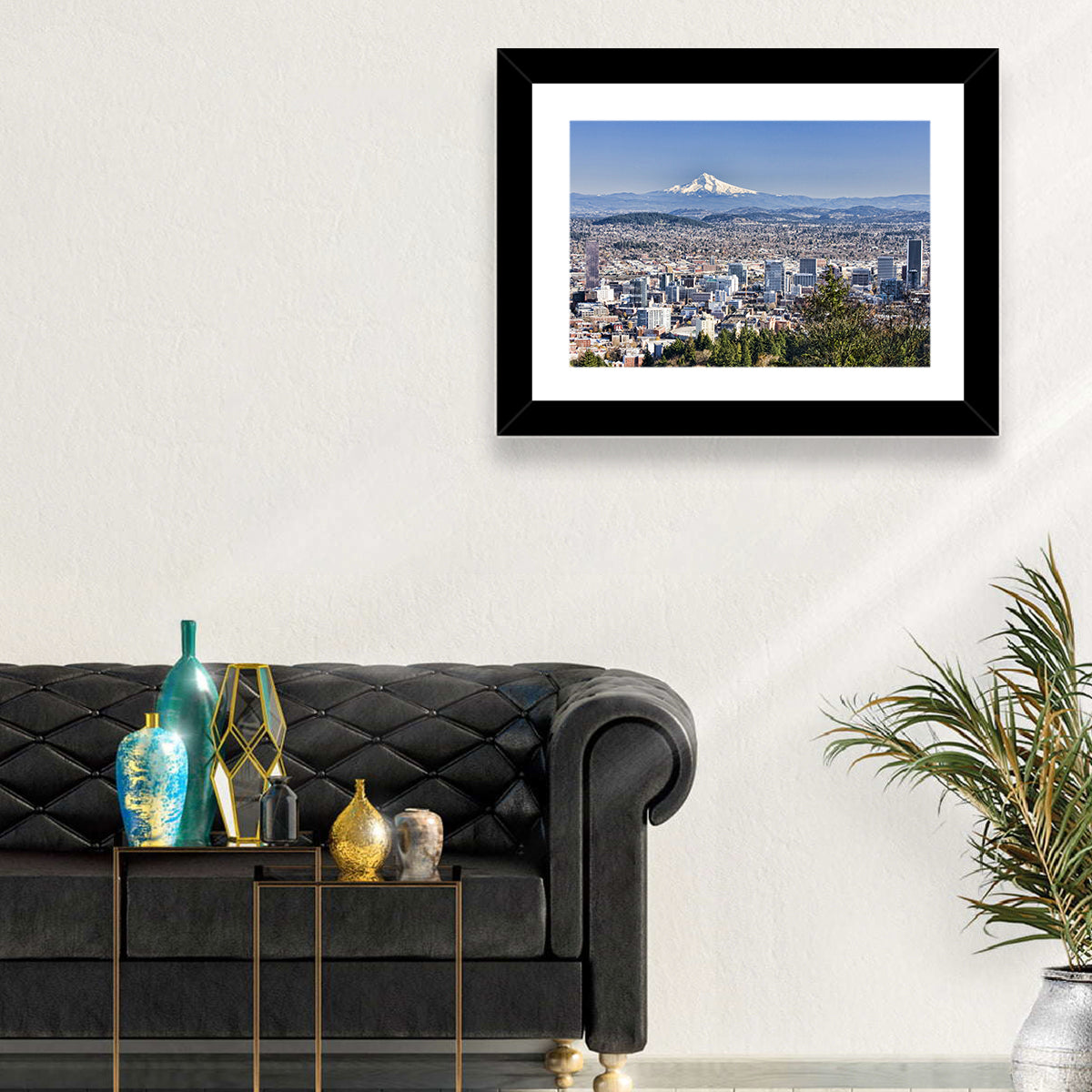 Portland Skyline with Mount Hood Wall Art in a room, landscape