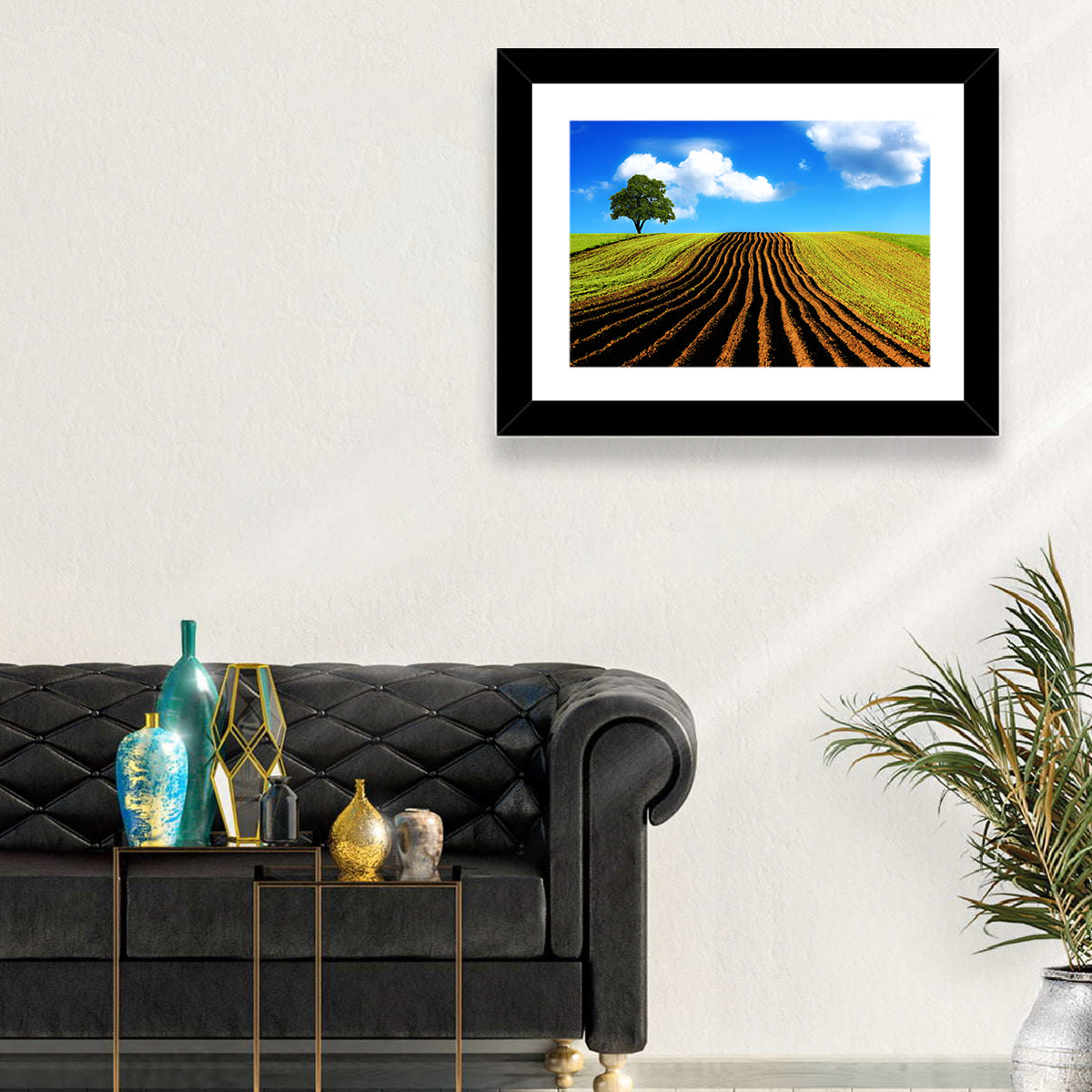 Plowed Field with Lone Tree Wall Art in a room, landscape